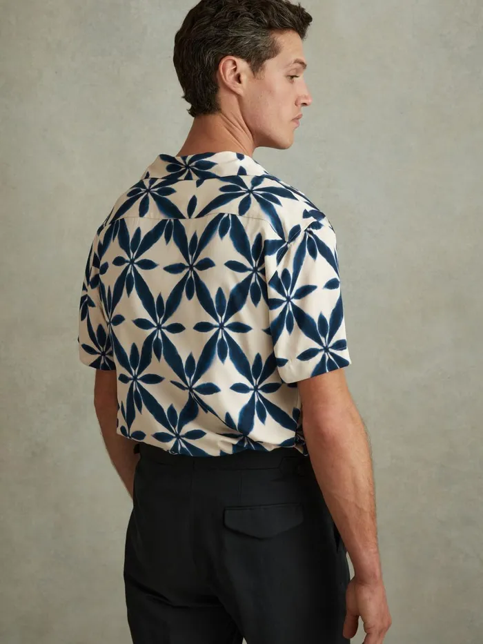Men Reiss Shirts Marabel Relaxed Printed Cuban Collar Shirt Ecrunavy