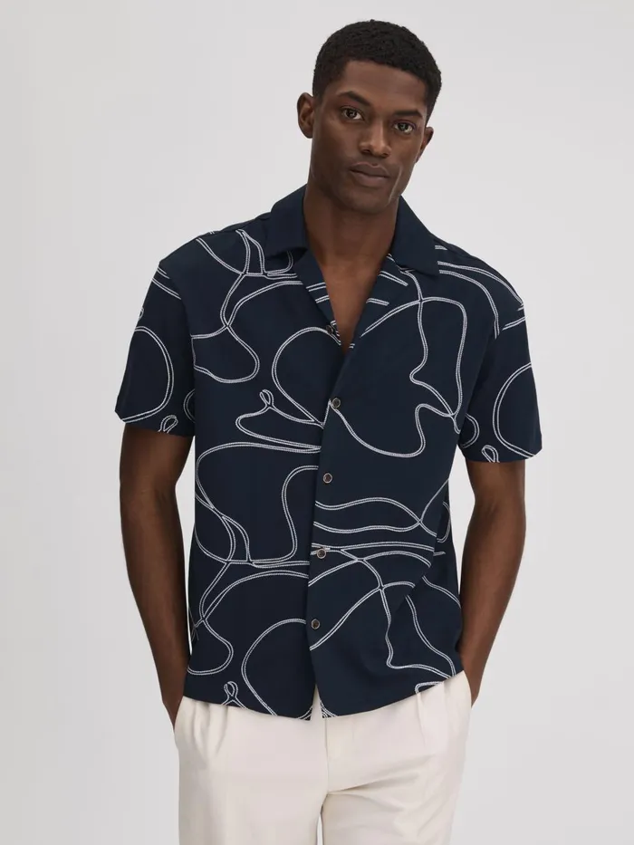 Men Reiss Shirts Menton Cotton Jersey Embroidered Shirt Navy