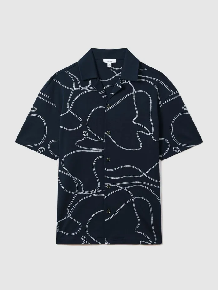 Men Reiss Shirts Menton Cotton Jersey Embroidered Shirt Navy