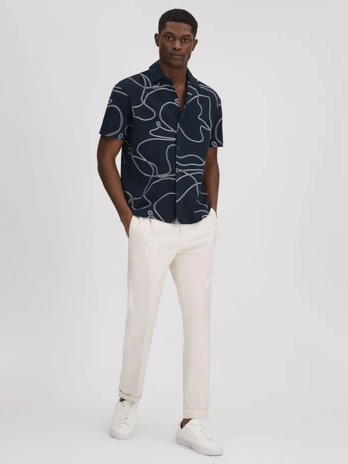 Men Reiss Shirts Menton Cotton Jersey Embroidered Shirt Navy