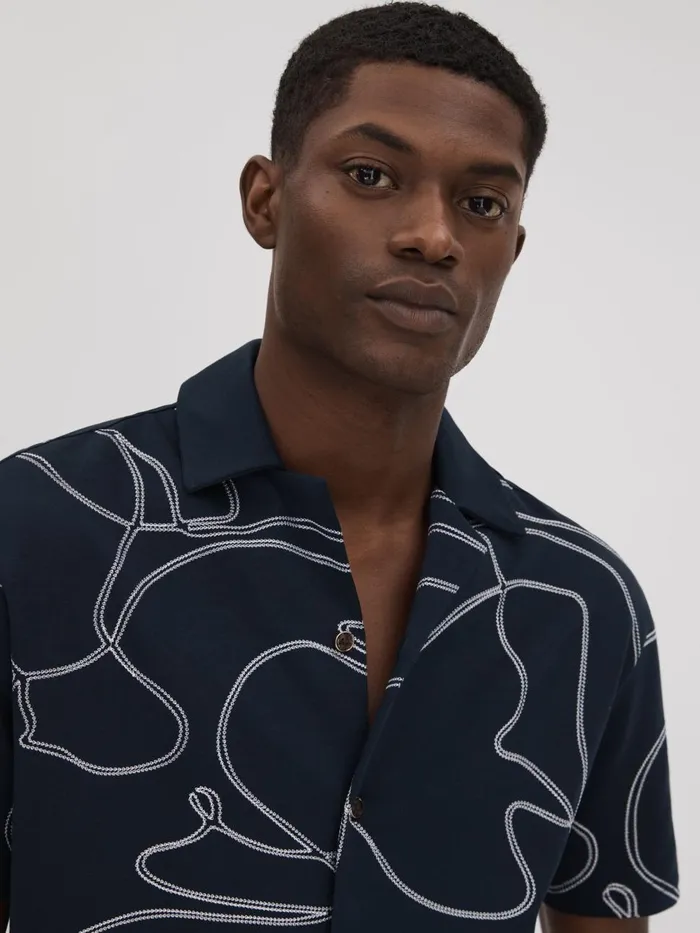 Men Reiss Shirts Menton Cotton Jersey Embroidered Shirt Navy