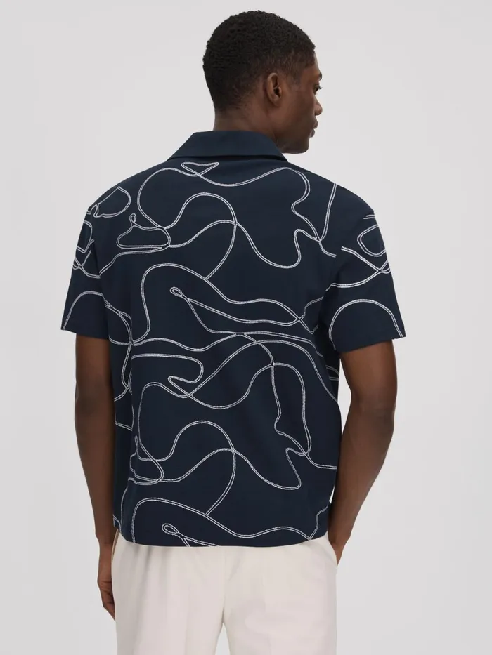 Men Reiss Shirts Menton Cotton Jersey Embroidered Shirt Navy