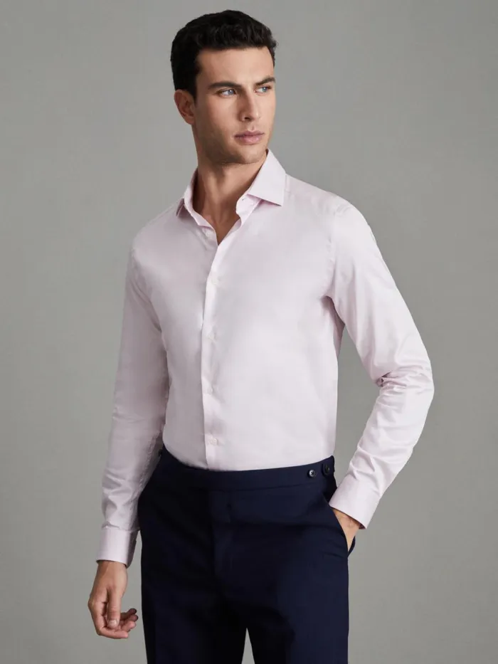 Men Reiss Shirts Pink Remote Slim Fit Cotton Satin Cutaway Collar Shirt Pink