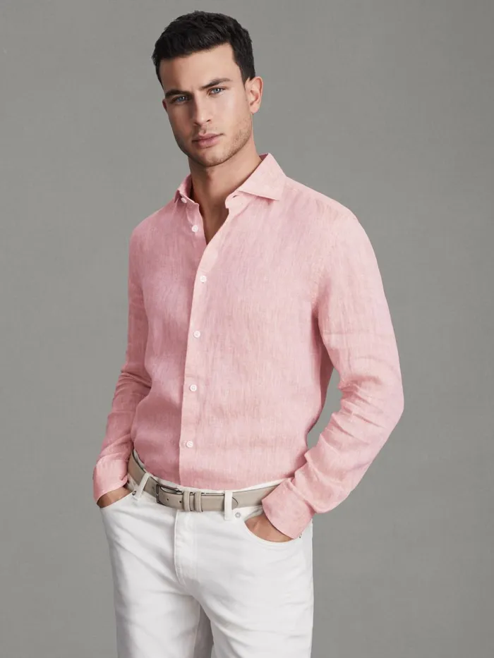 Men Reiss Shirts Ruban Linen Button Through Shirt Flamingo