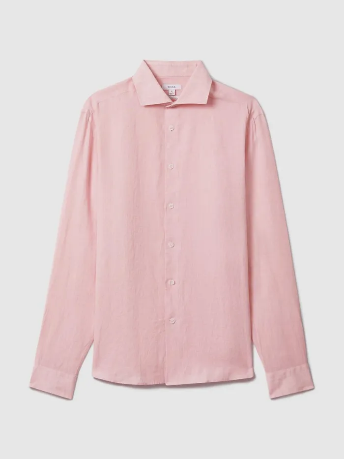 Men Reiss Shirts Ruban Linen Button Through Shirt Flamingo