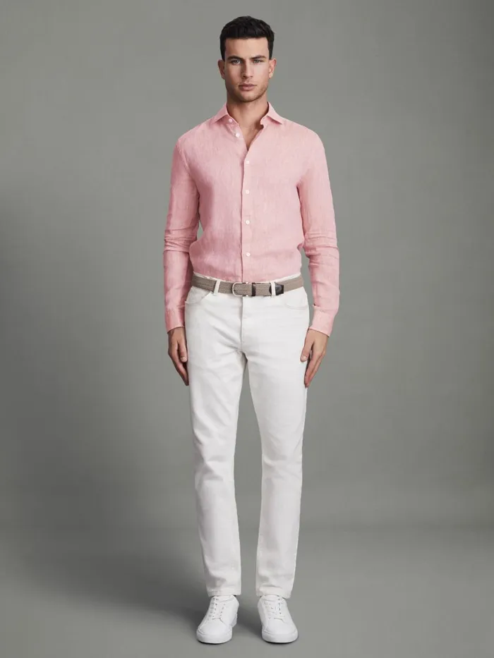 Men Reiss Shirts Ruban Linen Button Through Shirt Flamingo
