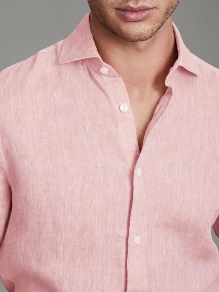 Men Reiss Shirts Ruban Linen Button Through Shirt Flamingo