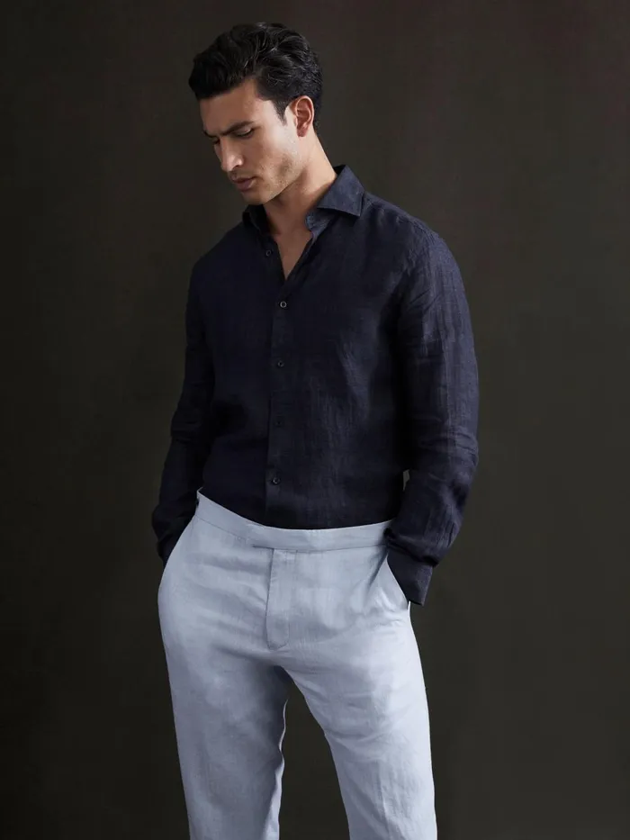 Men Reiss Shirts Ruban Linen Button Through Shirt Navy