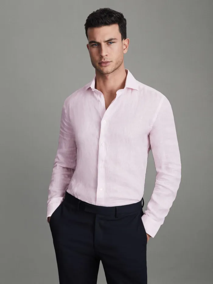 Men Reiss Shirts Ruban Linen Button Through Shirt Soft Pink Fine Stripe