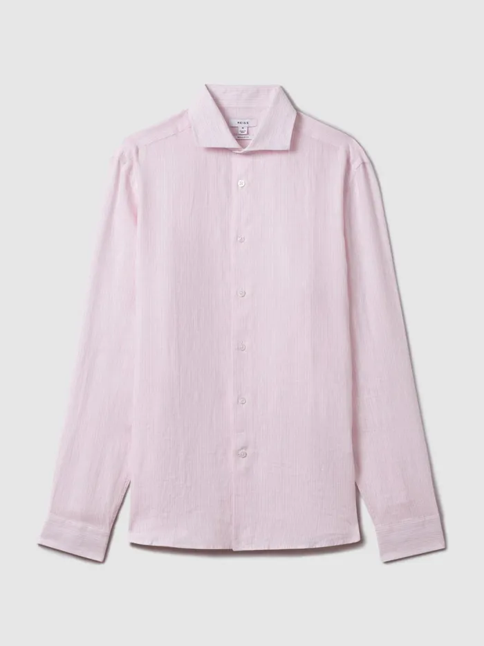 Men Reiss Shirts Ruban Linen Button Through Shirt Soft Pink Fine Stripe