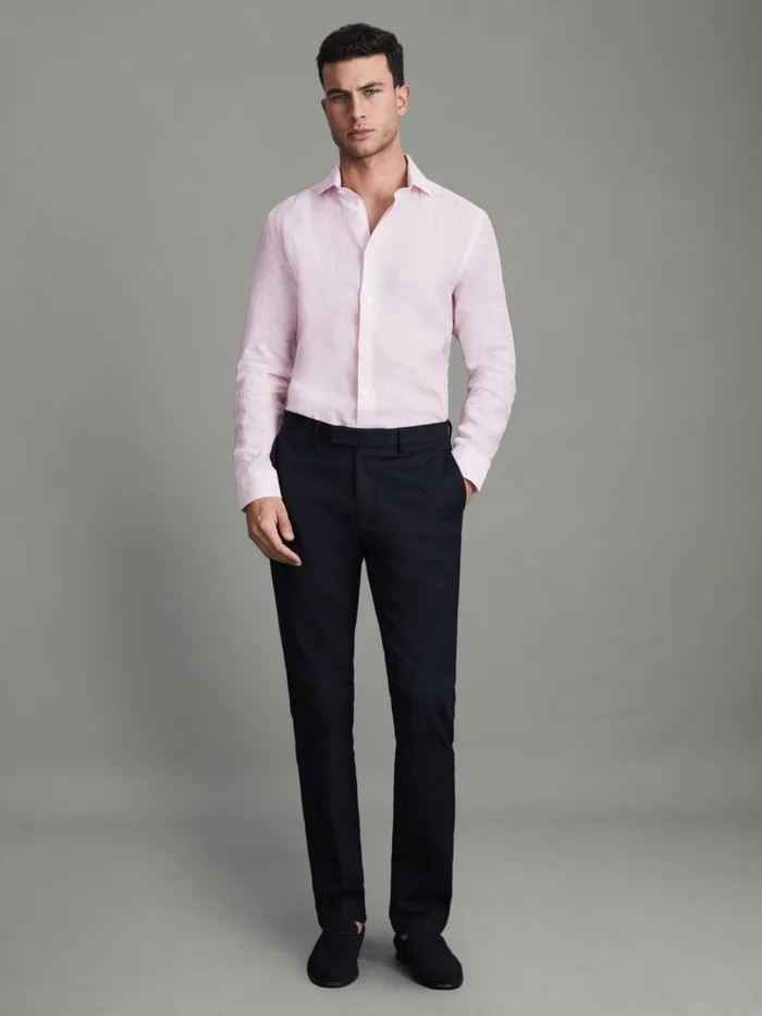 Men Reiss Shirts Ruban Linen Button Through Shirt Soft Pink Fine Stripe