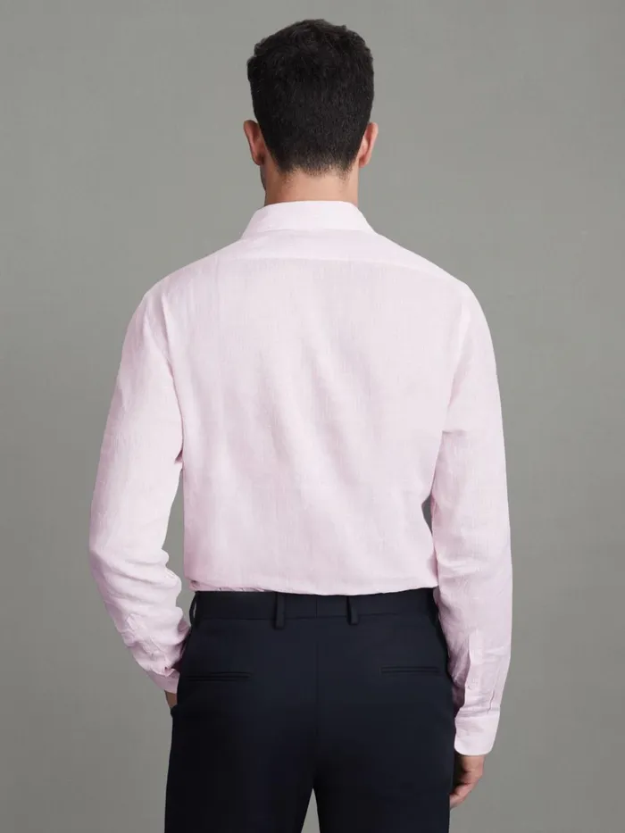 Men Reiss Shirts Ruban Linen Button Through Shirt Soft Pink Fine Stripe