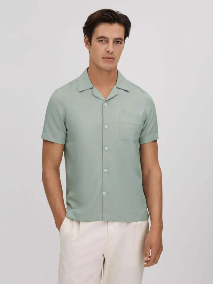 Men Reiss Shirts Tokyo Cuban Collar ButtonThrough Shirt Pistachio