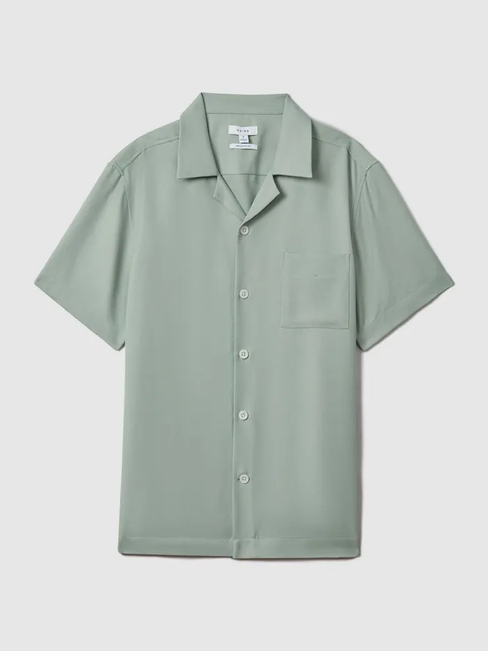 Men Reiss Shirts Tokyo Cuban Collar ButtonThrough Shirt Pistachio