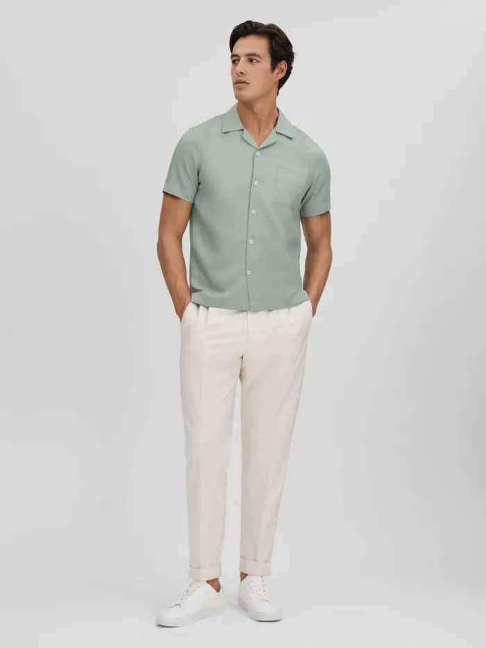Men Reiss Shirts Tokyo Cuban Collar ButtonThrough Shirt Pistachio