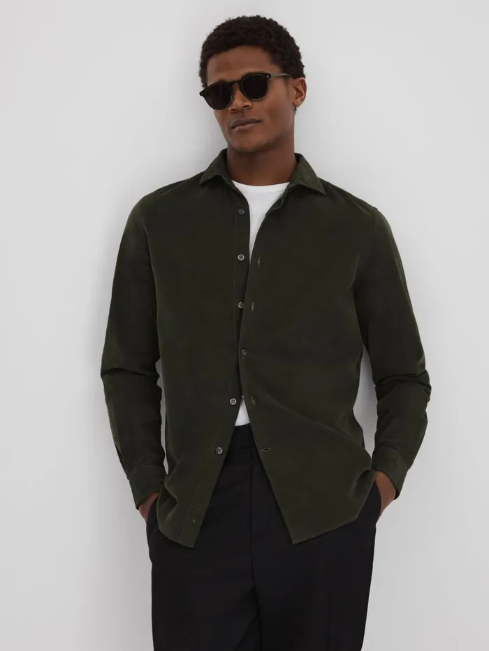 Men Reiss Shirts Vincy Corduroy Cutaway Collar Shirt Khaki