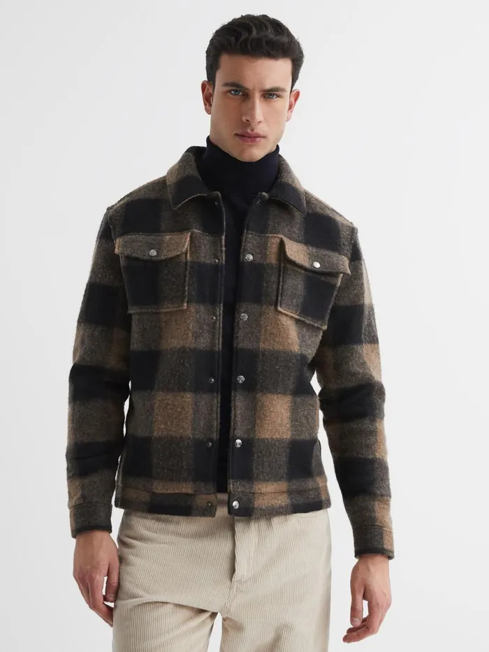 Men Reiss Shirts Zeus Long Sleeve Check PressStud Overshirt Brown