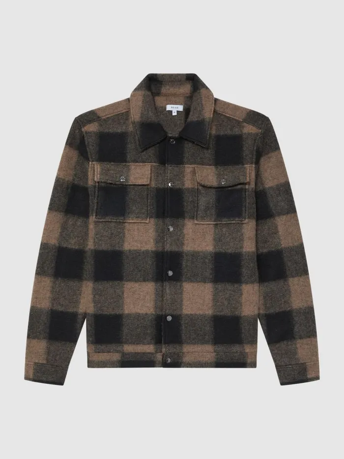 Men Reiss Shirts Zeus Long Sleeve Check PressStud Overshirt Brown