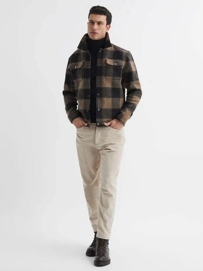 Men Reiss Shirts Zeus Long Sleeve Check PressStud Overshirt Brown