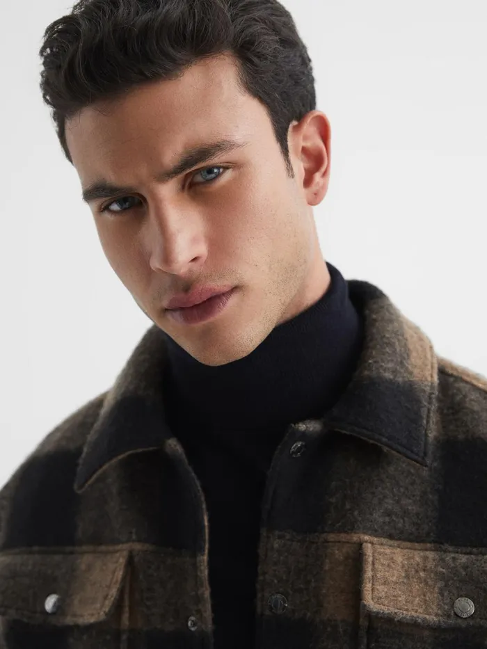 Men Reiss Shirts Zeus Long Sleeve Check PressStud Overshirt Brown