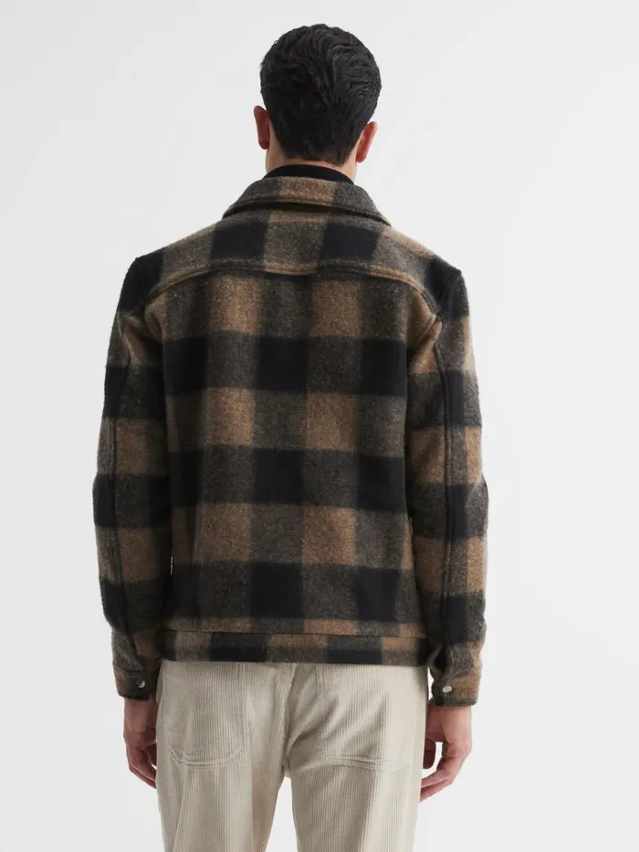 Men Reiss Shirts Zeus Long Sleeve Check PressStud Overshirt Brown