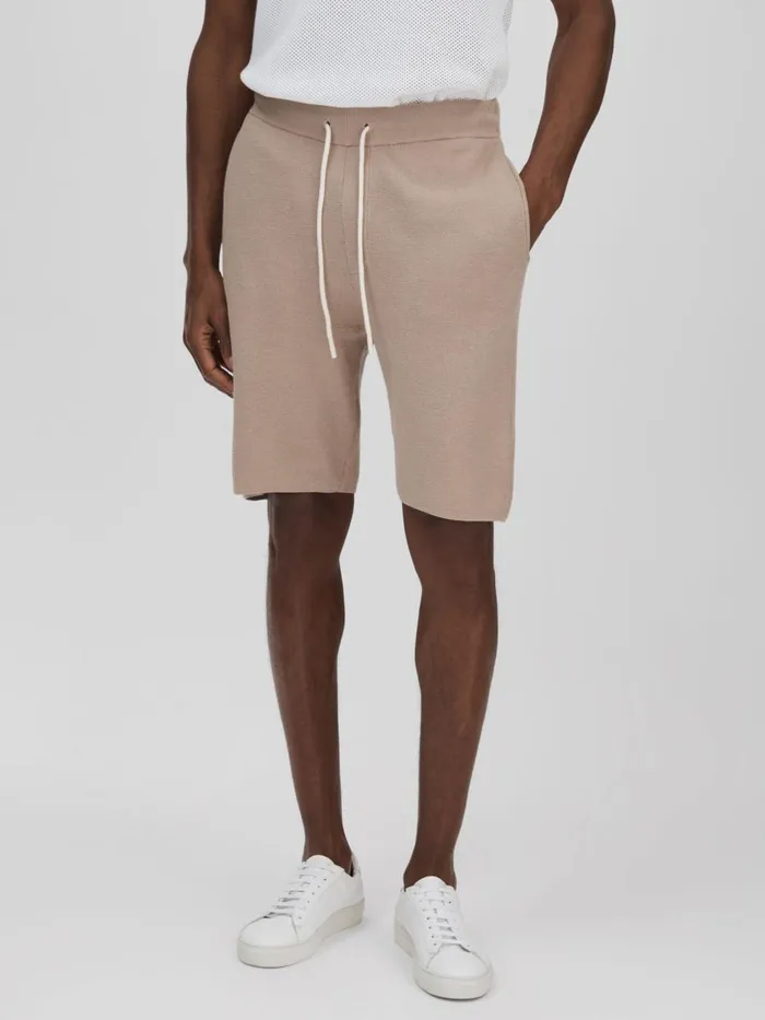 Men Reiss Shorts CottonLinen Drawstring Knitted Shorts Mocha