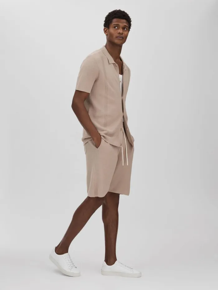 Men Reiss Shorts CottonLinen Drawstring Knitted Shorts Mocha