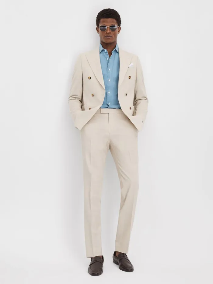 Men Reiss Suits and Tailoring Belmont Slim Fit Double Breasted Blazer Stone