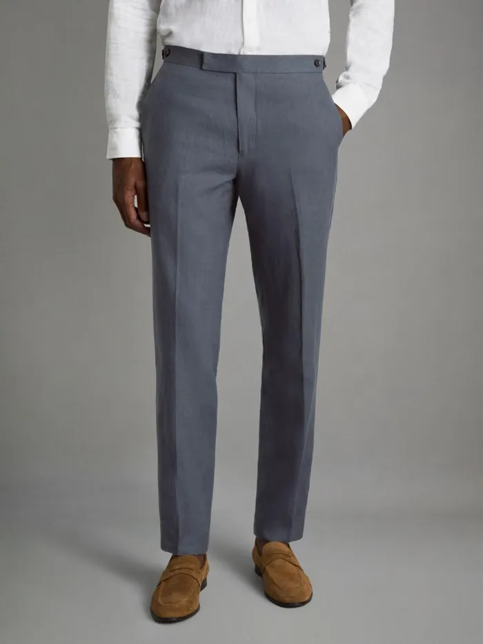 Men Reiss Suits and Tailoring Kin Slim Fit Linen Adjuster Trousers Airforce Blue