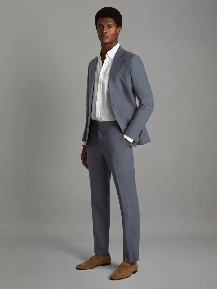 Men Reiss Suits and Tailoring Kin Slim Fit Linen Adjuster Trousers Airforce Blue