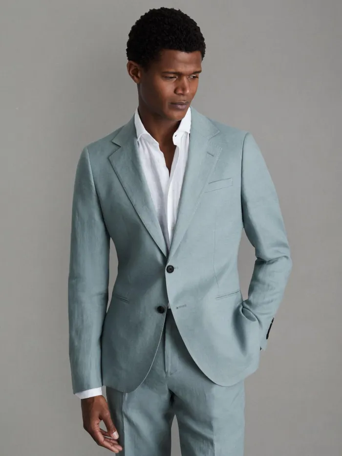 Men Reiss Suits and Tailoring Kin Slim Fit Single Breasted Linen Blazer Aqua Blue