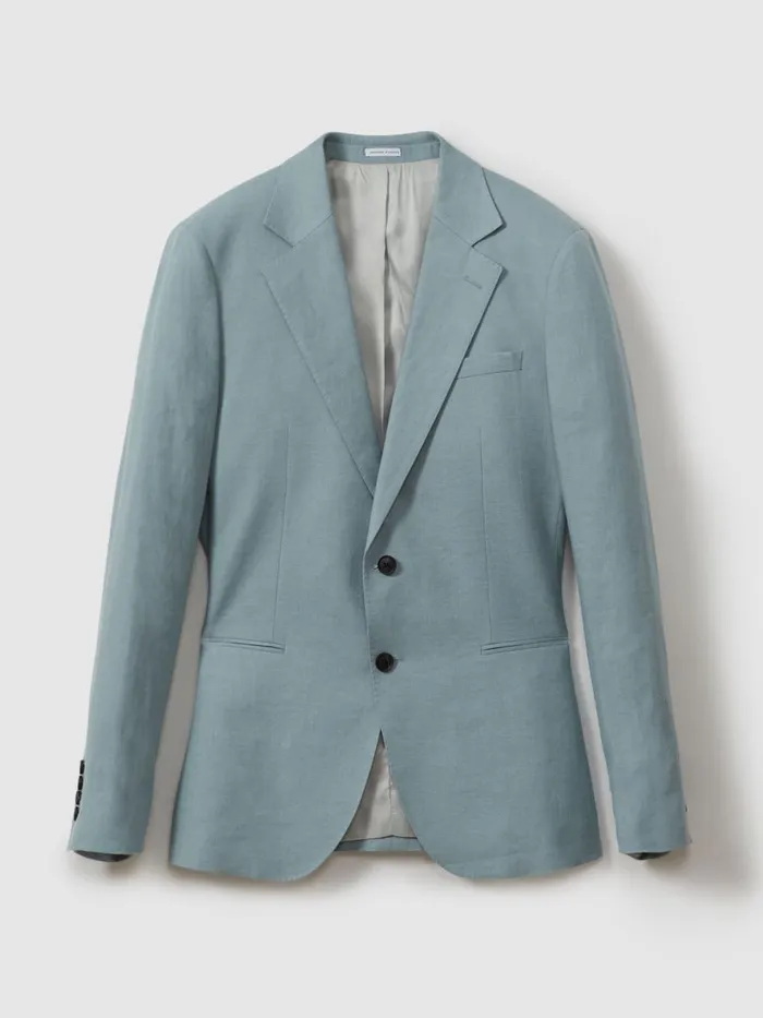 Men Reiss Suits and Tailoring Kin Slim Fit Single Breasted Linen Blazer Aqua Blue