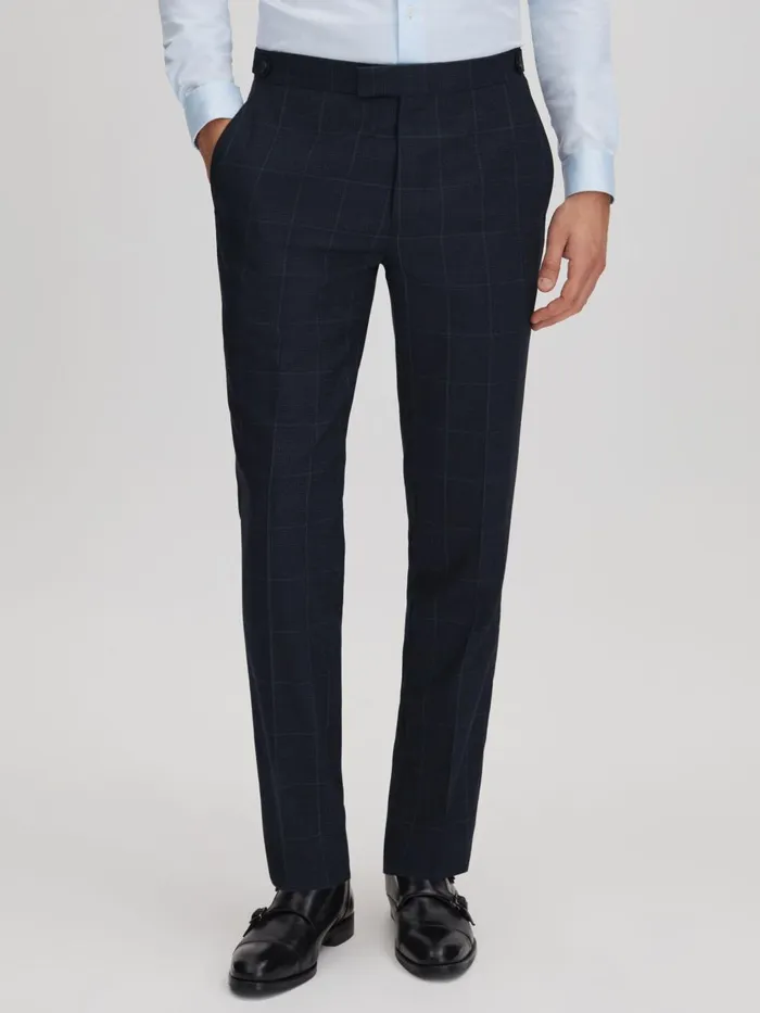 Men Reiss Suits and Tailoring Klink Wool Check Adjuster Trousers Navy