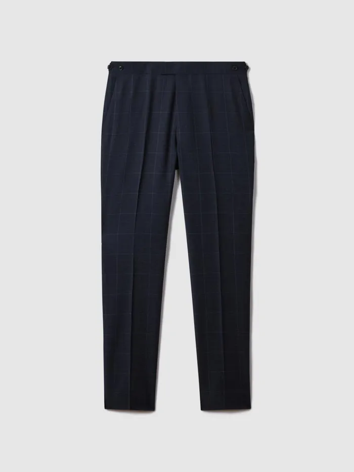 Men Reiss Suits and Tailoring Klink Wool Check Adjuster Trousers Navy