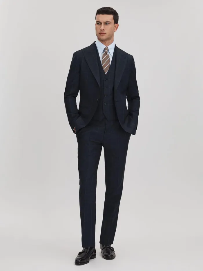 Men Reiss Suits and Tailoring Klink Wool Check Adjuster Trousers Navy