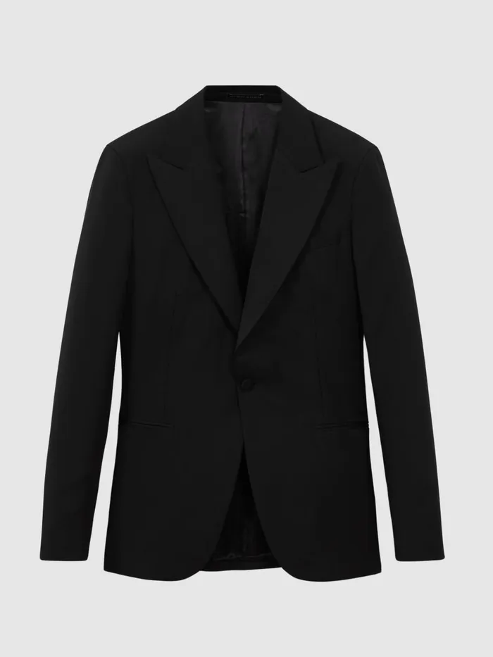 Men Reiss Suits and Tailoring Wool Blend Slim Fit Single Breasted Tuxedo Jacket Black