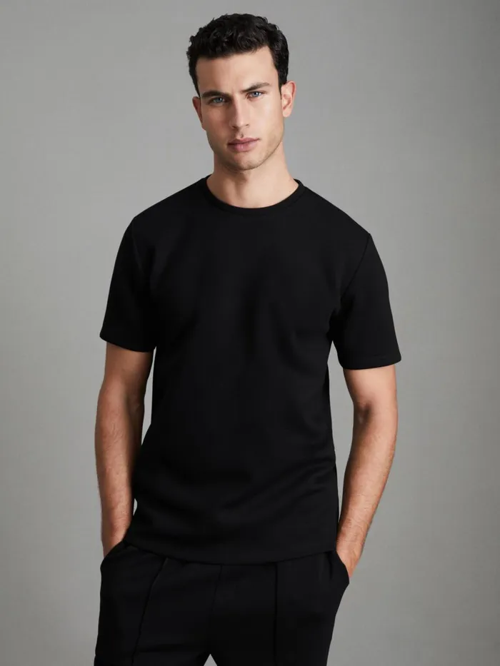 Men Reiss TShirts Bradley Interlock Jersey Crew Neck TShirt Black