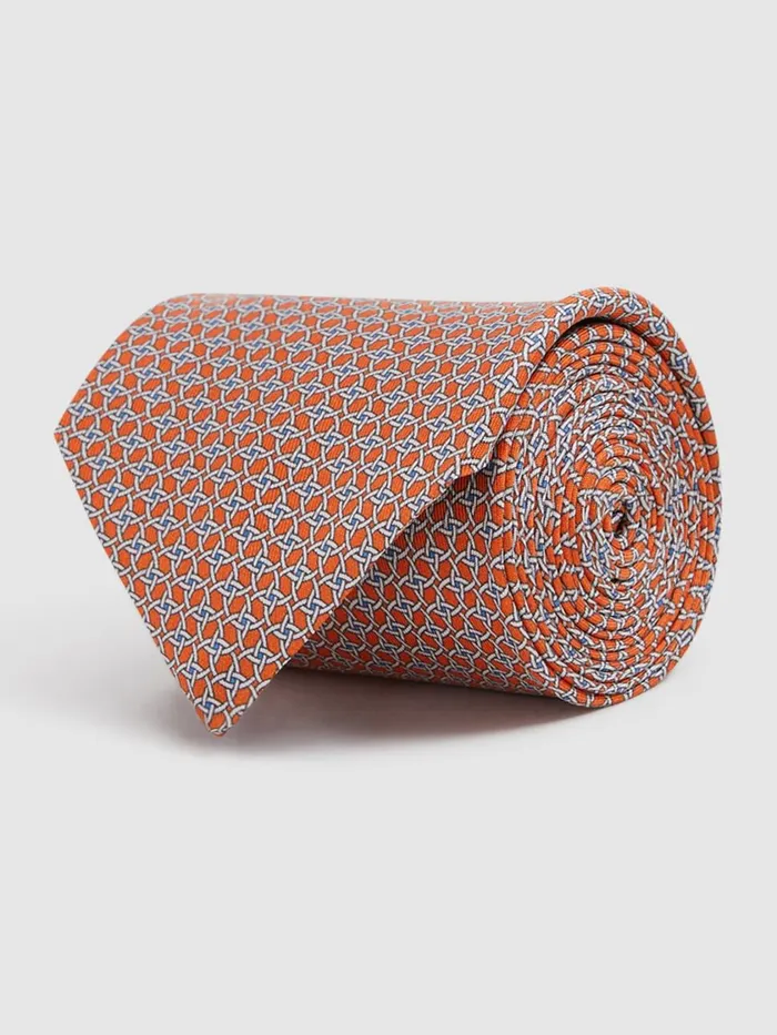Men Reiss Ties and Pocket Squares Como Silk Geometric Print Tie Bright Orange