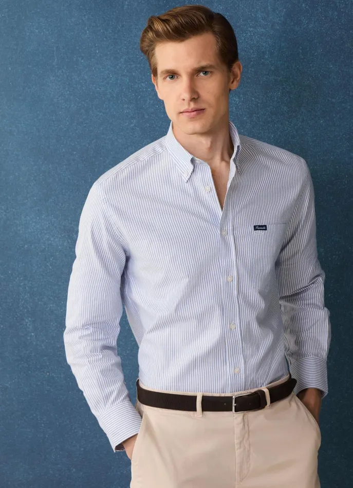 Men Shirts Faonnable Regular Fit Bengal Striped Oxford Shirt Naval Blue