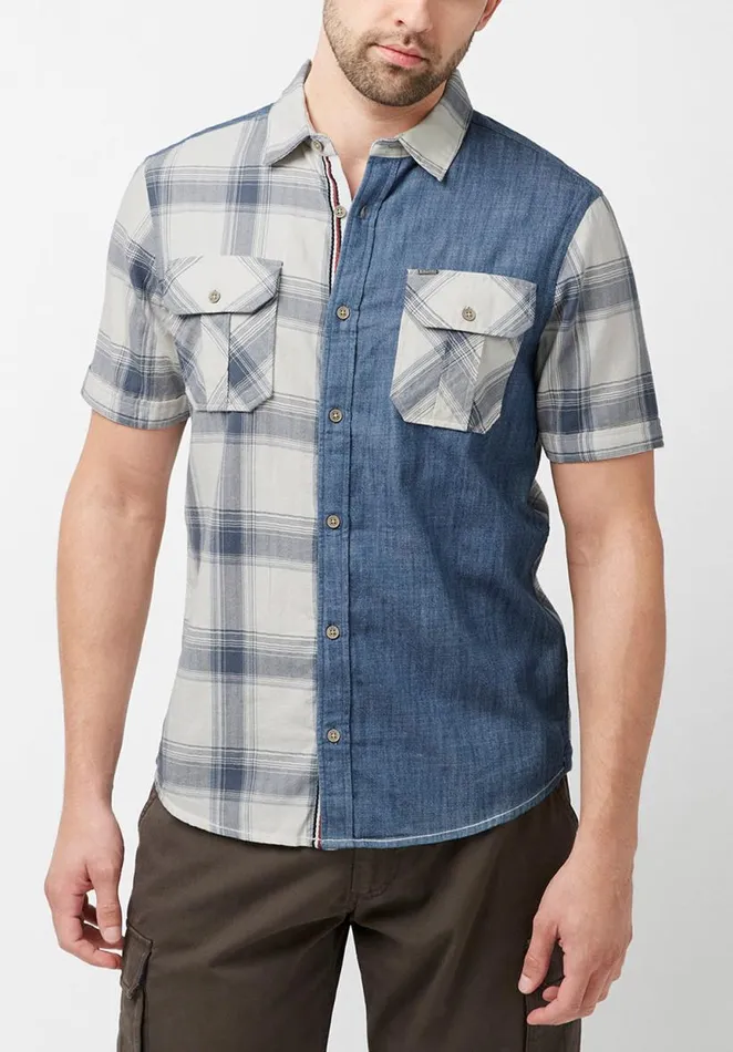 Men Short Sleeves Sage Chambray and Plaid Shirt Milk Buffalo David Bitton Shirts