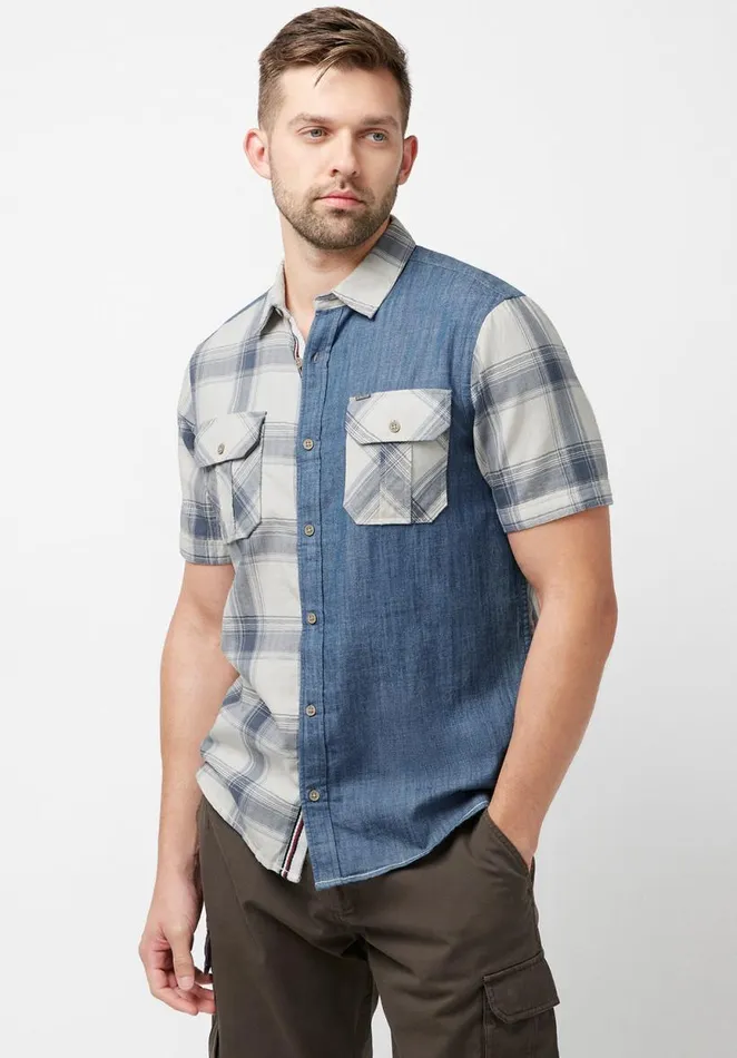 Men Short Sleeves Sage Chambray and Plaid Shirt Milk Buffalo David Bitton Shirts