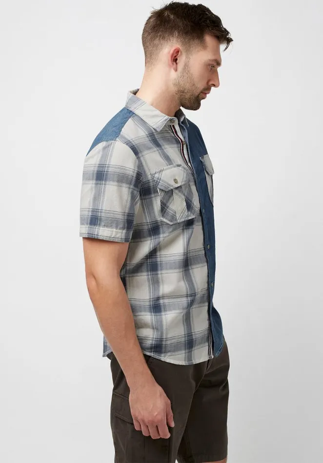 Men Short Sleeves Sage Chambray and Plaid Shirt Milk Buffalo David Bitton Shirts