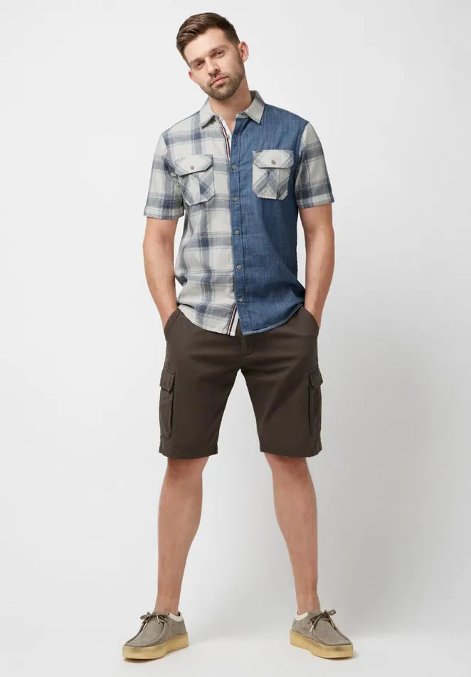 Men Short Sleeves Sage Chambray and Plaid Shirt Milk Buffalo David Bitton Shirts