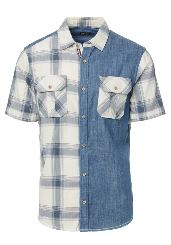 Men Short Sleeves Sage Chambray and Plaid Shirt Milk Buffalo David Bitton Shirts