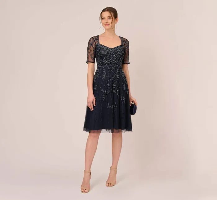 Midi Dresses Womens Adrianna Papell Beaded Midi Dress With Sheer Short Sleeves In Midnight