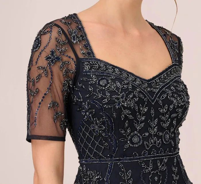 Midi Dresses Womens Adrianna Papell Beaded Midi Dress With Sheer Short Sleeves In Midnight