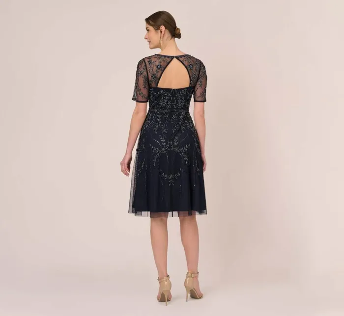 Midi Dresses Womens Adrianna Papell Beaded Midi Dress With Sheer Short Sleeves In Midnight