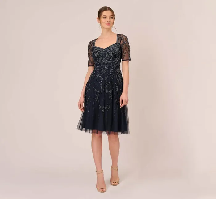 Midi Dresses Womens Adrianna Papell Beaded Midi Dress With Sheer Short Sleeves In Midnight