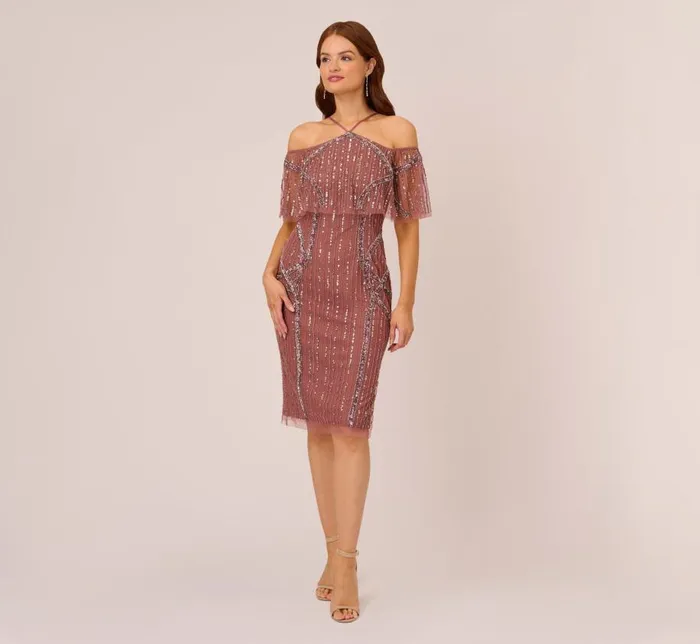 Midi Dresses Womens Adrianna Papell Beaded Off The Shoulder Sheath Dress With Halter Neck In Plum Midi Dresses Womens Adrianna Papell Beaded Off The Shoulder Sheath Dress With Halter Neck In Plum