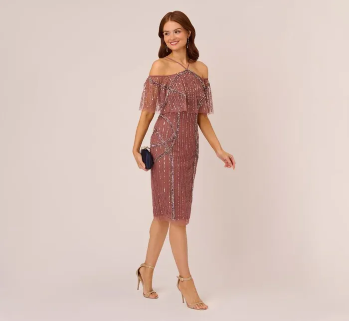 Midi Dresses Womens Adrianna Papell Beaded Off The Shoulder Sheath Dress With Halter Neck In Plum